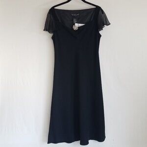 Jones New York Black Cocktail Dress SIZE 12 Silk Sleeves Rhinestone Brooch Detai